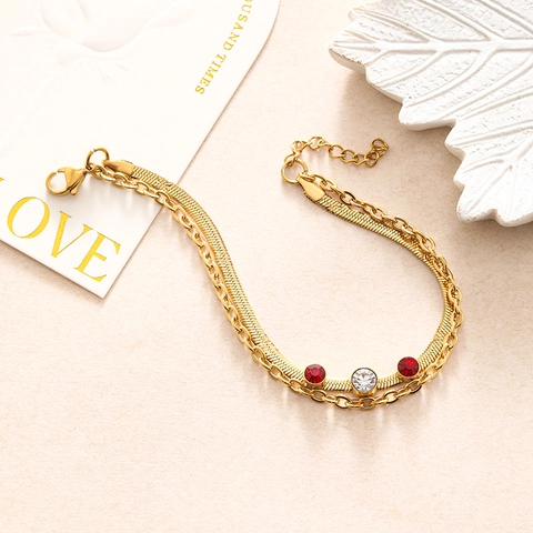 Vintage Stainless Steel Double Layer Heart Pendant Bracelet For Women Gold Plated Rhinestone Inlaid Fashion Jewelry Gift