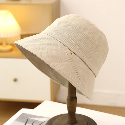 Women Bucket Hat Wide Brim Sun Protection Polyester Fabric Korean Style Metal Buckle Decor Summer Autumn Outdoor Casual