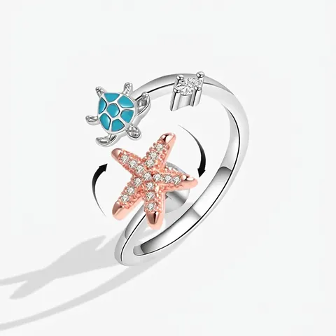 Fashion Sea Turtle Starfish Open Ring For Women Copper Rhinestone Enamel Blue Adjustable Anxiety Spinner Ring Jewelry Gift