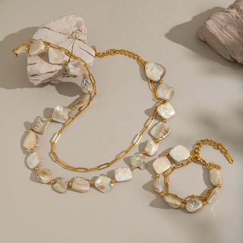 Stainless Steel Necklace And Bracelet Natural Shell Beads Double Layer Gold Plated Waterproof Fashion Jewelry For Women