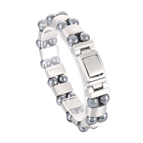 Bracelet Pour Hommes Perles En Hématite Multicouches Acier Inoxydable Maillons Brossés Style Punk Industriel Bijoux