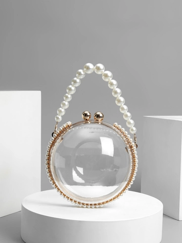 Runde Abendtasche Aus Acryl Mit Künstliche Perlengriff Transparente Schale Goldener Metallrahmen Elegante Hochzeitsparty Handtasche
