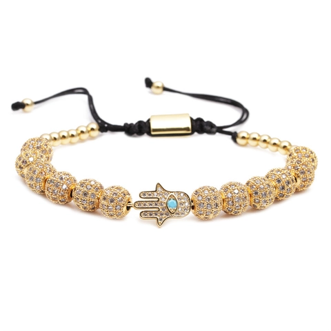 Hamsa Hand Perlenarmband Mikro Pave Zirkon Kupfer Böser Blick Charme Verstellbares Geflochtenes Seil Ethnischer Schmuck Unisex