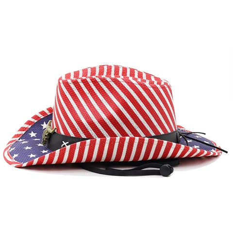 USA Flag Western Cowboy Straw Hat With Bull Head Metal Decor Wide Brim Sun Protection Adjustable Strap