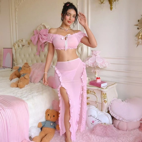 Pink Pajama Top And High Slit Skirt Mesh Polyester Ruffles Off Shoulder See Through Sweet Bow Knot Nightwear Women