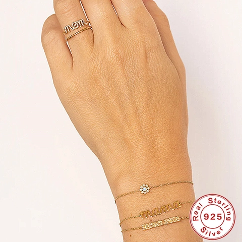Bracciale con Ciondolo a Lettera Mama in Argento Sterling 925 per Donna Elegante Catena Placcata in Oro con Strass Gioielli Regalo