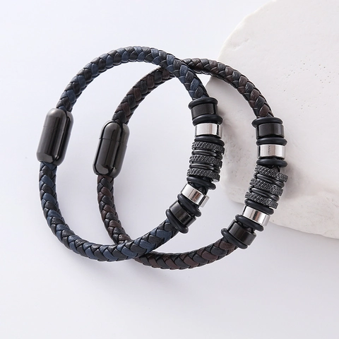 Bracciale Da Uomo In Pelle Intrecciata A Doppio Strato Acciaio Inossidabile 304 Chiusura Magnetica Stile Industrial