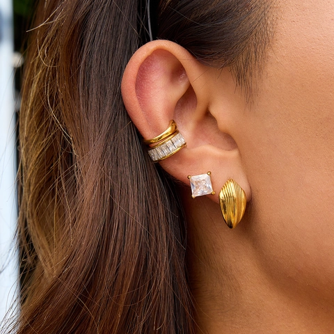 Stainless Steel Zircon Hoop And Stud Earrings Gold Plated Geometric Textured Waterproof Fashion Jewelry For Women
