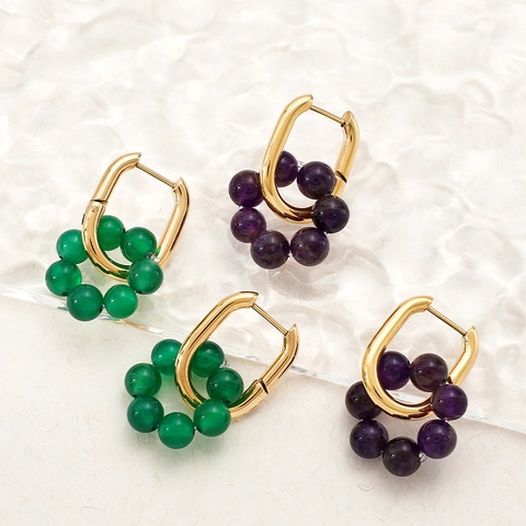 Natural Stone Beaded Hoop Earrings For Women Dainty Stainless Steel 14K Gold Plated Agate Lapis Lazuli Boho Jewelry