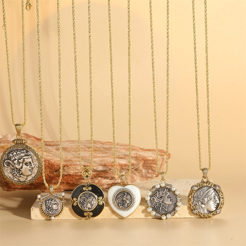 Collana Con Ciondolo Faraone Totem Tribale Design Retrò Per Donna Rame Smalto Zirconia Perla Artificiale Ciondolo Moneta Gioielli Catena Clavicola