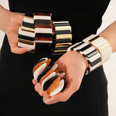 Bracciale Rigido A Blocchi Geometrici Acrilico Lega Cuciture Elastico Polsino Largo Gioielli Moda Per Le Donne