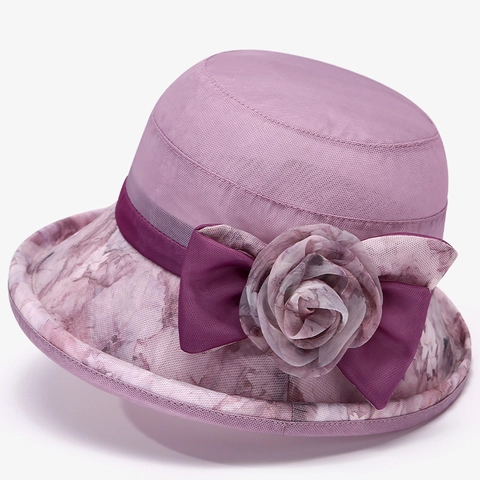Women's Sun Bucket Hat Breathable Cotton Polyester Floral Print Bow 3D Flower Decoration Sunshade Hat For Elderly Mom Travel