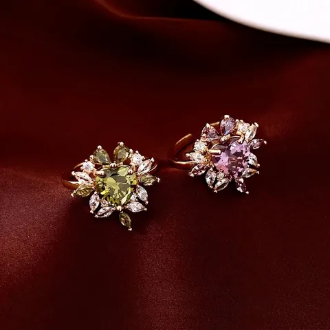 Anello Aperto Fiore Cuore Zircone Placcato Oro 14K Rame Gioielli Di Moda Regolabili Da Donna