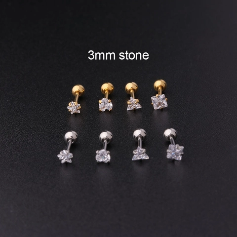Geometrische Zirkoon Piercing Studs Roestvrij Staal Schroefsluiting Kraakbeen Oorbellen Ster Hart Driehoek Vierkant Sieraden