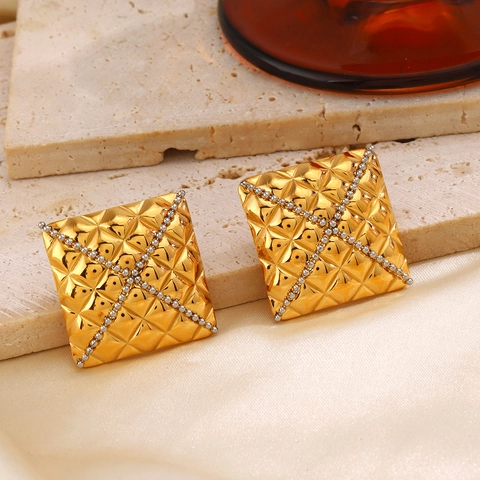 Quilted Square Stud Earrings Stainless Steel Gold Plated Geometric Rhombus Pattern Chic Vintage Fashion Jewelry For Women