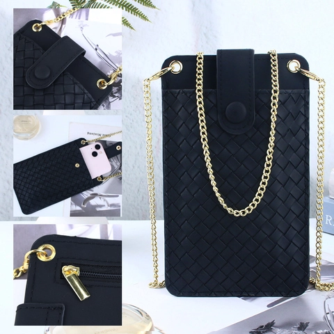 Women Woven PU Leather Mobile Phone Bag Mini Vertical Crossbody Bag With Metal Chain Chic Solid Color Small Pouch