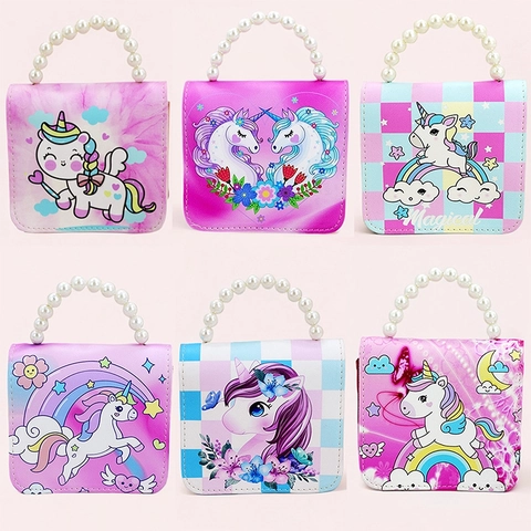 Kids Girls Unicorn Handbag PU Leather Faux Artificial Pearl Handle Crossbody Shoulder Bag Cute Cartoon Princess Fashion Accessory