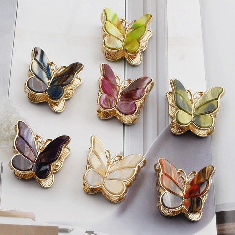 Vintage Butterfly Hair Claw Clip Alloy Resin Double Layer Marble Pattern Elegant Hair Accessory For Women Girls