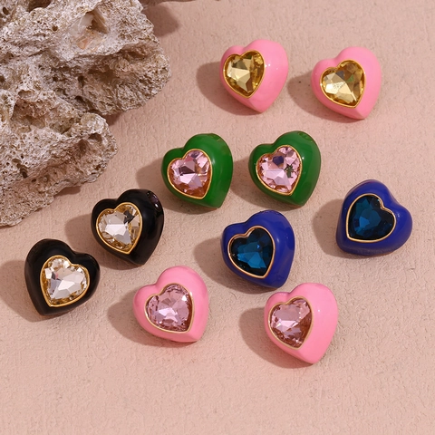 Stainless Steel Enamel Heart Stud Earrings 18K Gold Plated Rhinestone Inlaid Colorful Heart Ear Studs For Women Jewelry