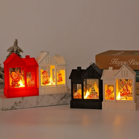Weihnachts Leuchtendes Haus Laterne LED Nachtlicht Vintage Retro Tischdeko Weihnachtsmann Schneemann Muster Warmes Licht Kunststoff