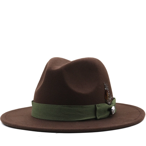 Cappello Fedora Vintage Classico In Feltro Di Lana Marrone Tesa Larga Con Nastro Piuma E Spilla In Metallo