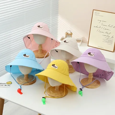 Kids Sun Hat Wide Brim Neck Flap Polyester Breathable Adjustable Whistle Cartoon Bear Summer Outdoor Boys Girls