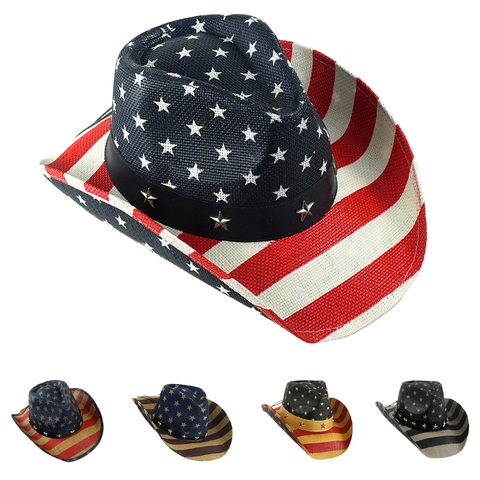 Western Woven Paper Straw Cowboy Hat For Women Men US Flag Pattern Star Studded Sun Protection Summer Beach Fedora Hat