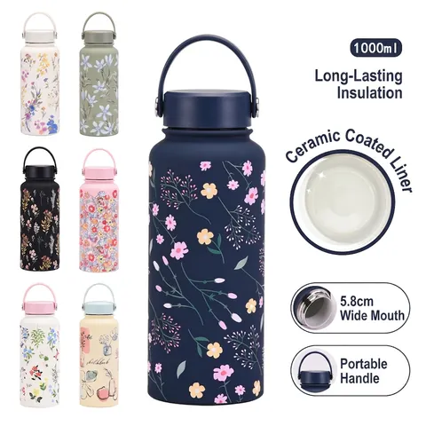 Large Capacity Vacuum Insulated Water Bottle With Ceramic Coated Liner 304 Stainless Steel Floral Print Portable Handle Sports