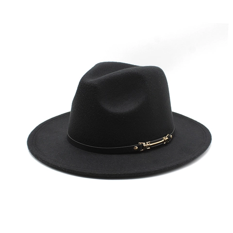 Chapeau Fedora Vintage En Feutre De Laine Bord Large Plat Avec Ceinture En Cuir Boucle Métallique Chapeau Jazz Élégant