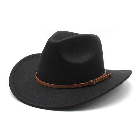 Western Cowboy Hat Felt Wide Brim Retro Ethnic Style With Faux Leather Band And Metal Buckle For Men Women Fashionable