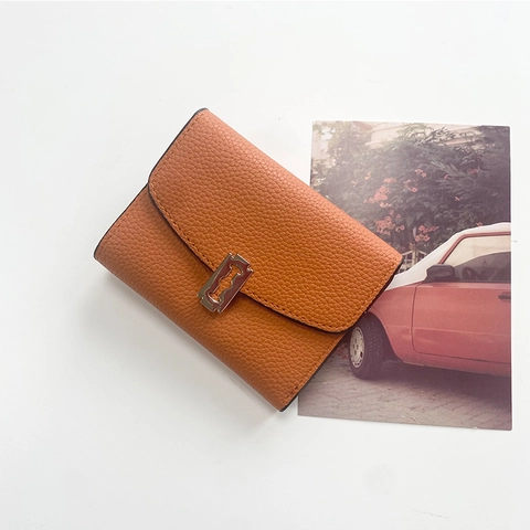 Women's Folding Wallet PU Leather Pebble Grain Compact Multi Card Slots Holder With Metal Blade Clasp Korean Style