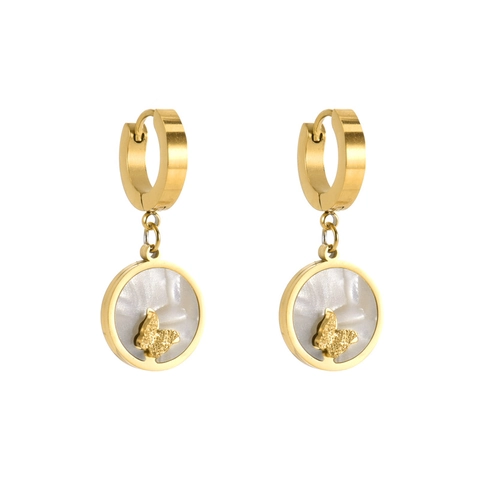 Mode Titaniumstaal Vlinder Rond Wit Parelmoer Hanger Ketting Oorbellen Sieradenset Goud Roségoud Voor Dames