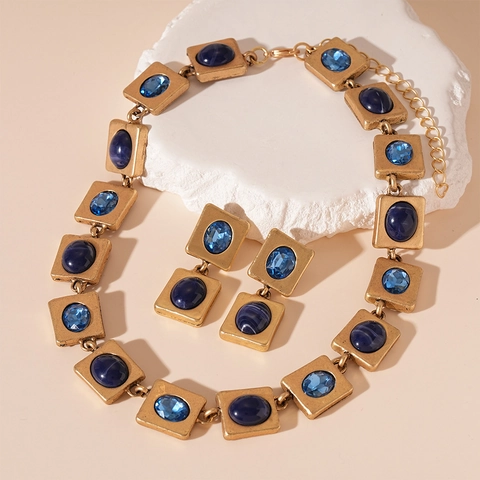 Vintage Geometric Square Blue Resin Rhinestone Necklace And Earrings Jewelry With Silver Earring Post For Women