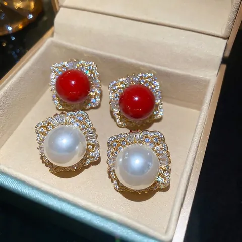 Orecchini A Lobo Quadrati Vintage Lega Zircone Perla Artificial Imitazione Gioielli Con 925 Sterling Silver Earring Post Donne