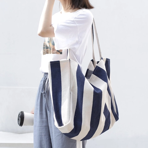 Canvas Tote Bag Vertical Stripe Large Capacity Shoulder Handbag Korean Retro Casual Style For Women Daily Travel