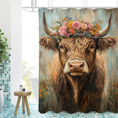 Rideau De Douche Vache Des Highlands Tissu Polyester Imperméable Peinture À L'huile Artistique Chardon Écossais Avec Crochets