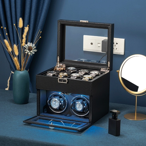 Automatischer Uhrenbeweger Box PU Leder Mehrere Aufbewahrungsfächer Blaue LED Leise Motor Transparentes Display Gehäuse