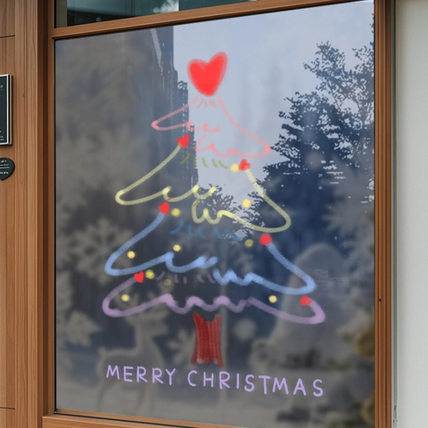 Christmas Window Sticker PVC Static Adsorption Double Sided UV Printing Colorful Tree Heart Decor For Glass Door Shop