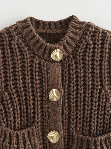 Women Street Style Round Neck Chunky Knit Cardigan Vest With Gold Buttons And Pockets Solid Color Sleeveless Sweater Top