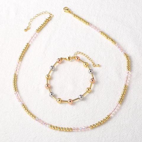 Simple Copper Beaded Necklace Bracelet Jewelry Set Pink Crystal Faceted Beads Electroplated Gold Tricolor Jewelry For Women
