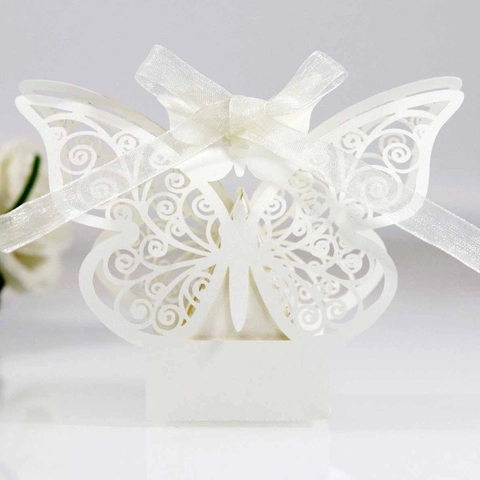 Butterfly Laser Cut Candy Boxes Pearlescent Paper Favor Gift Boxes With Ribbon For Wedding Party Birthday Celebration Elegant