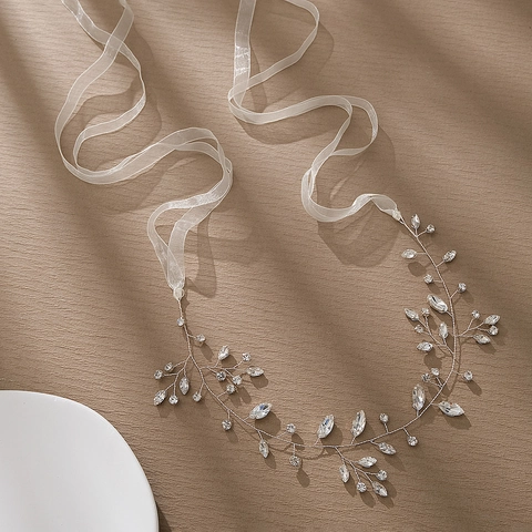 Bridal Hair Vine Headband Silver Wire Rhinestone Crystal Handmade Leaf Beaded Wedding Party Accessory With White Ribbon
