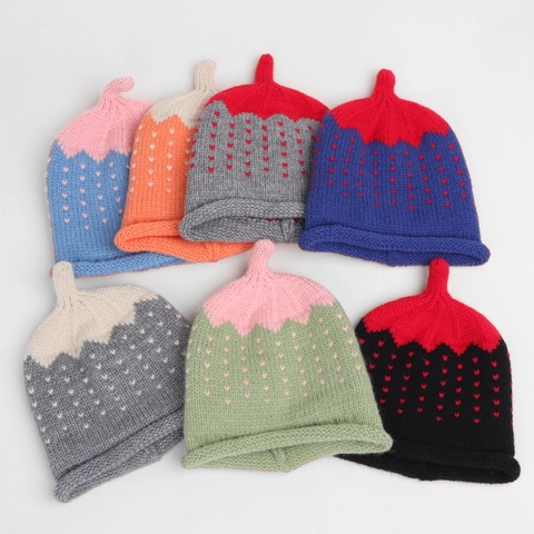 Peuter Baby Gebreide Muts Hartpatroon Acryl Color Block Puntmuts Winter Warm Rolrand Voor Kinderen