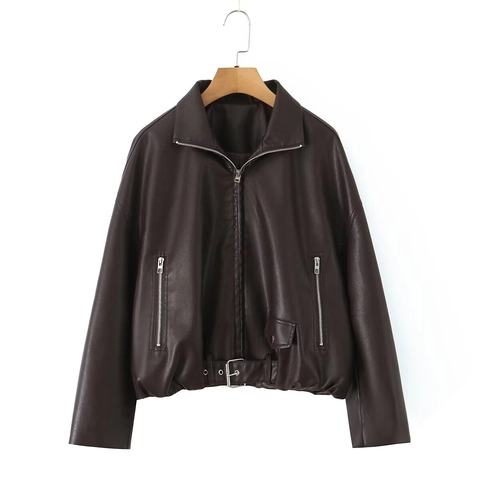 Giacca Motociclista da Donna in Pelle PU Oversize Corta Tinta Unita Con Cintura Per Uso Quotidiano Street Style