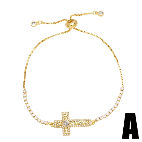 Bracciale a Croce in Rame con Strass di Lusso per Donna Regolabile Placcato Oro Catena Tennis Simbolo Ankh Gioielli di Moda