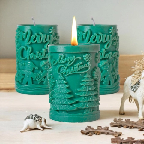 Christmas Candle Silicone Mold 3D Relief Cylindrical Snowflake Snowman Pine Tree DIY Handcraft Holiday Decor
