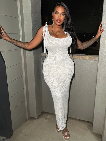 Vestito Lungo In Pizzo Elegante Con Spalline A Fiocco Schiena Scoperta Bodycon Da Festa Per Donna