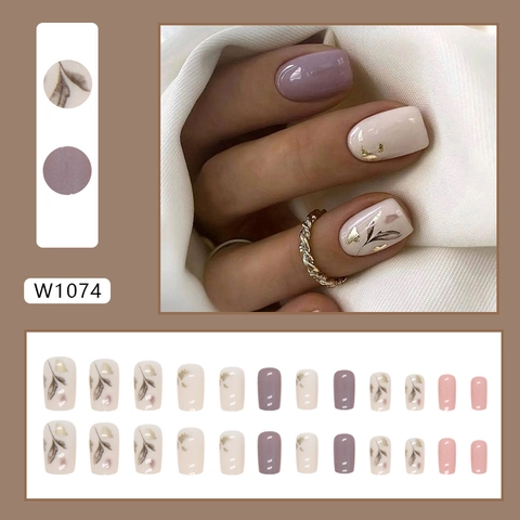 Plaknagels Met Inktbladpatroon Goudfolie Roze Paars Medium Lange Volledige Dekking Kunstnagels Elegant