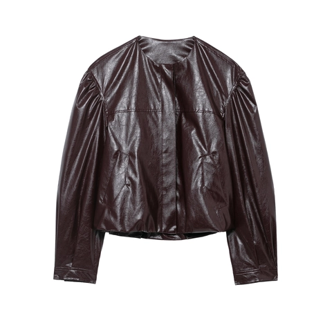 Dames Bomberjack Kunstleer Ronde Hals Lange Mouwen Rits Losse Retro Streetwear Bovenkleding Wijnrood