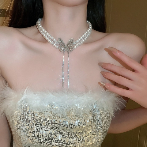 Double Layer Faux Artificial Pearl Necklace With Rhinestone Butterfly Pendant And Long Tassel Elegant Choker For Women